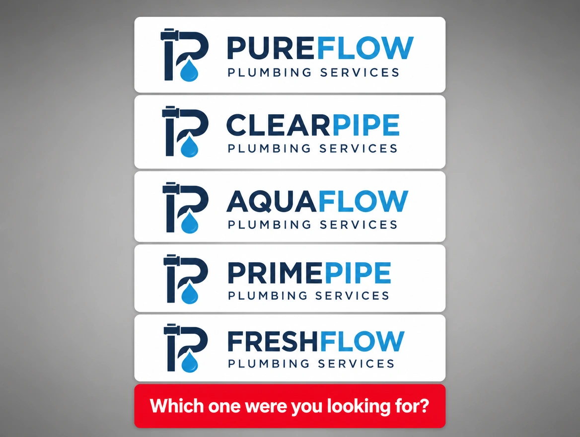 Five competing businesses in one trade whose logos and colours all look nearly identical, marked in red