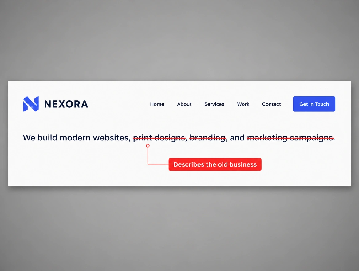 A website header whose tagline lists services the business no longer sells, struck through in red
