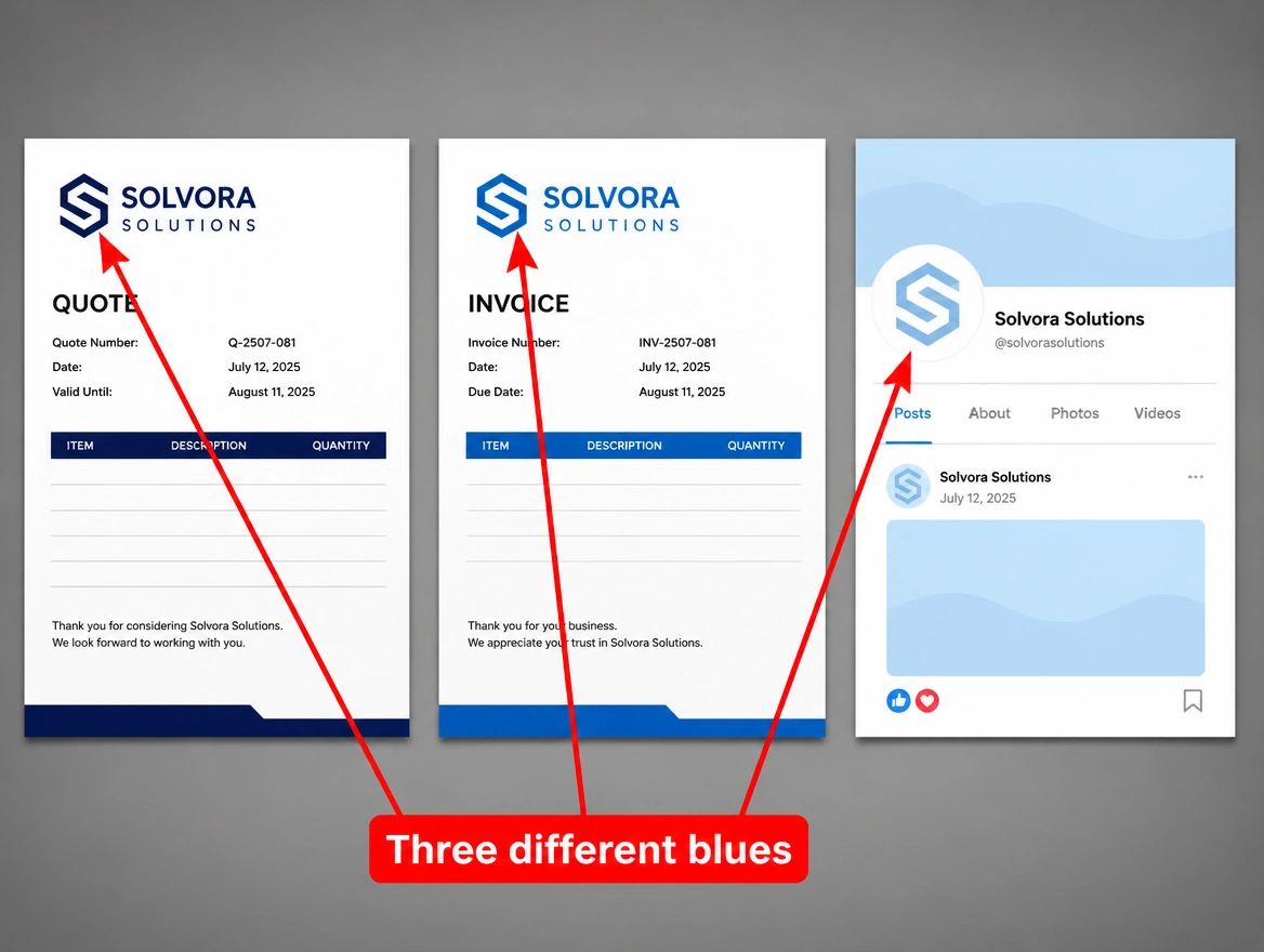 A quote, an invoice and a profile from one business each showing the logo in a different colour, arrowed in red