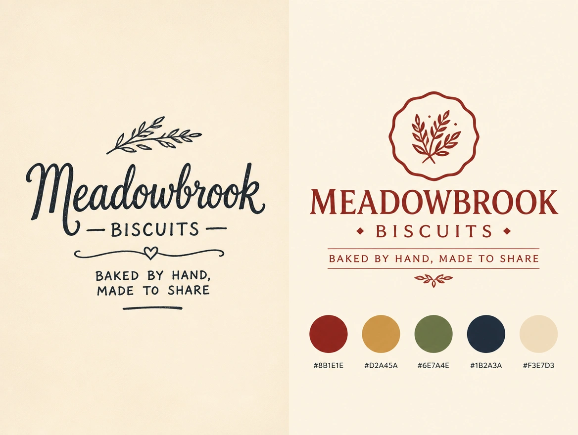A before and after board pairing a biscuit maker's hand-lettered label with its redrawn logo and palette