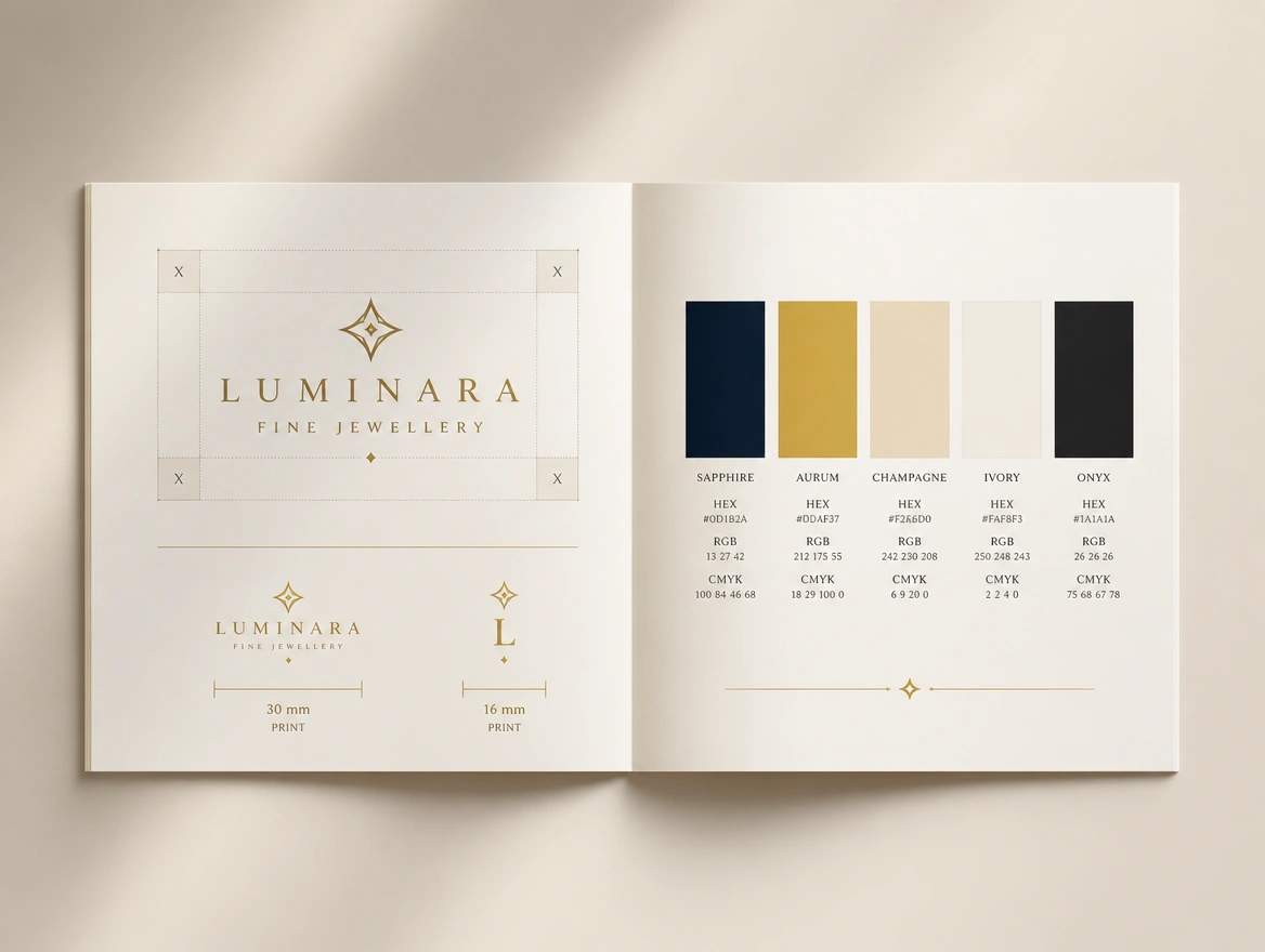 A brand guide spread with logo sizes, clear space and colour values written out
