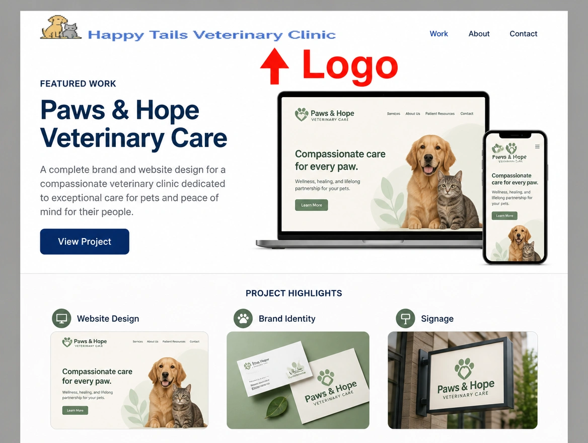 A veterinary clinic's page of careful work topped by a crude stretched clipart logo, labelled in red
