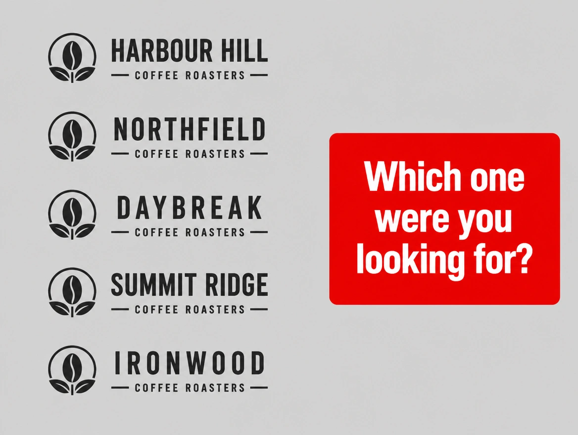 Five near identical coffee roastery logos listed together under a red label asking which one you wanted