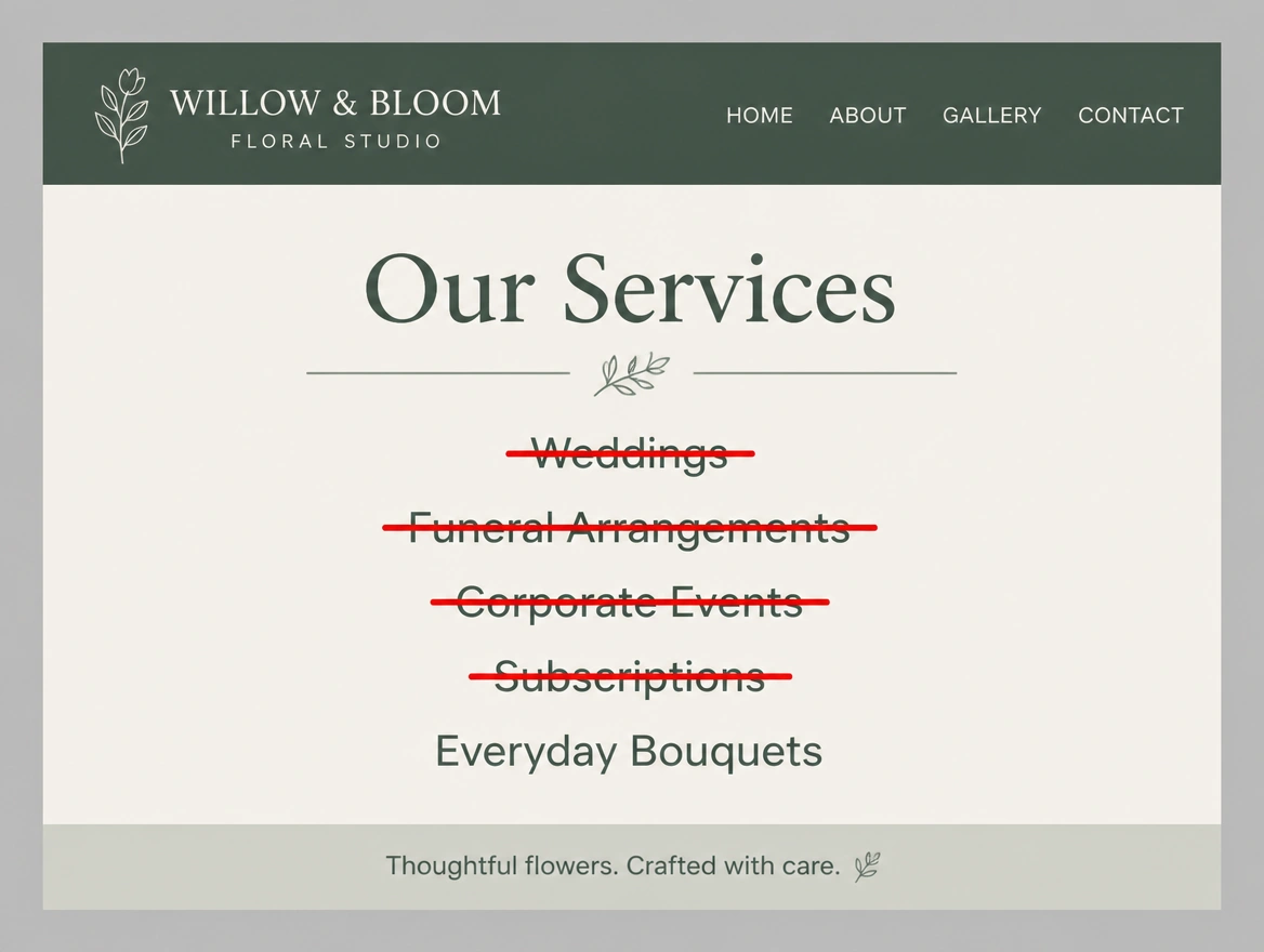 A florist's website header with the services it no longer offers struck through in red