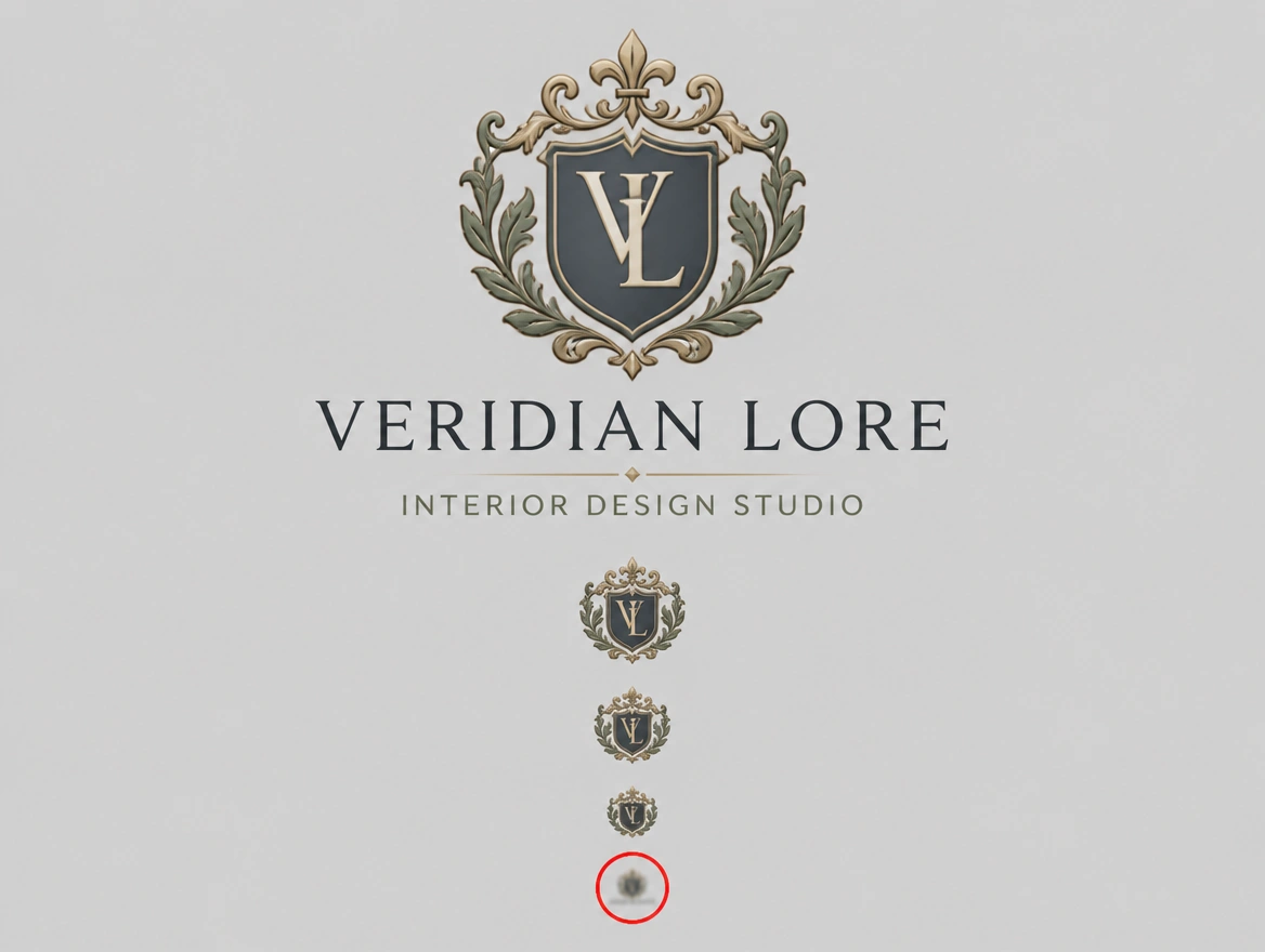 An over detailed interior design studio crest shrinking to an unreadable blur, the smallest ringed in red