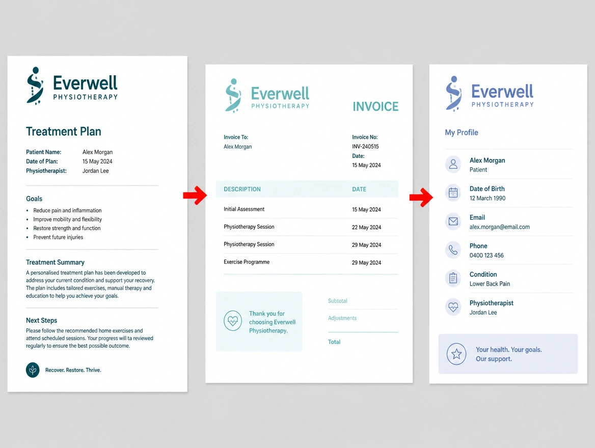 One physiotherapy clinic logo printed in three different shades across a document, an invoice and a profile, arrowed in red