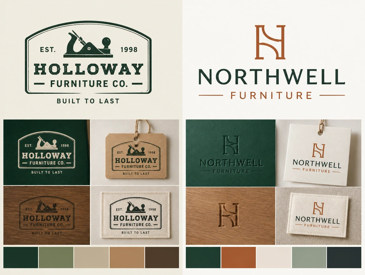 A before and after board pairing a furniture maker's trade-counter logo with its redrawn version and palette