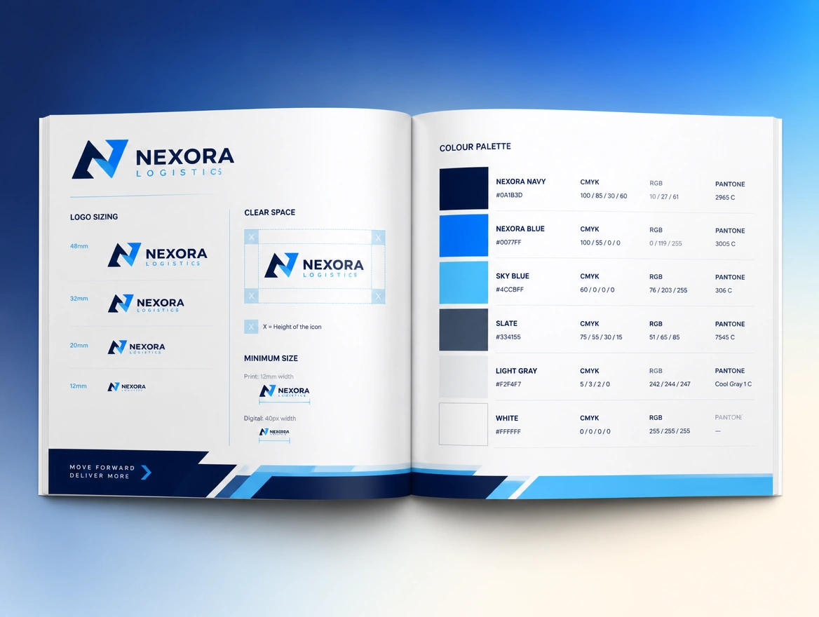 A guidelines spread showing the logo at set sizes with clear space and colour codes