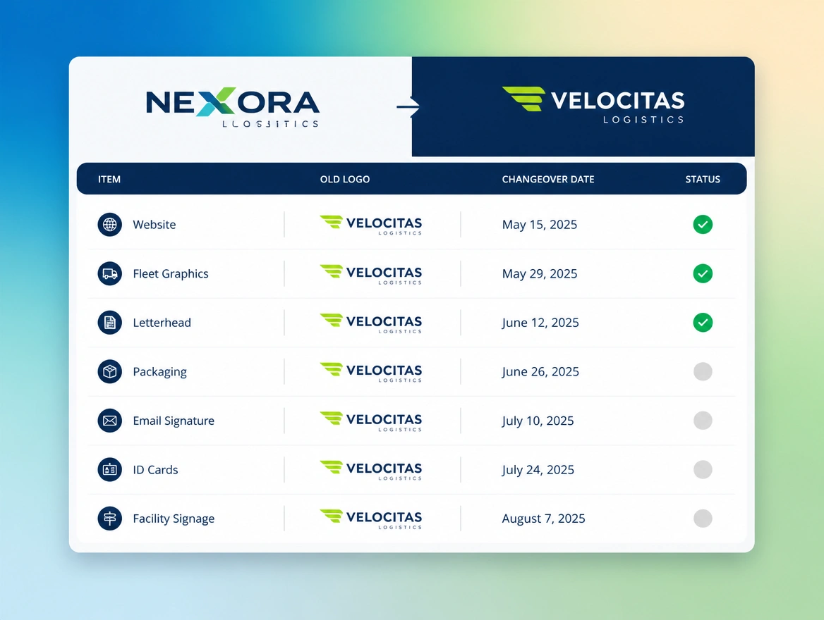 A dated plan listing each place the old logo appears with a stop and a start date