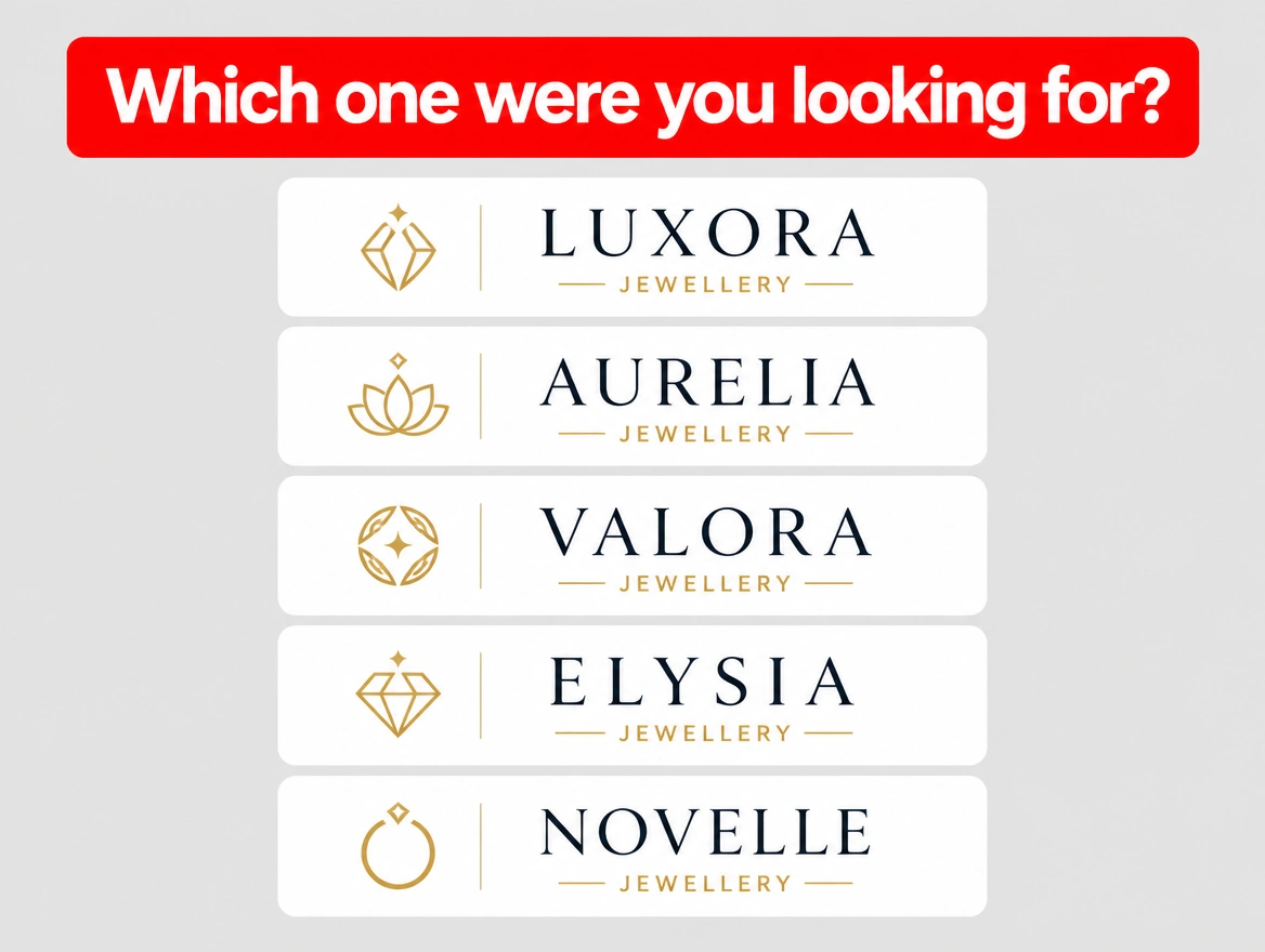 Five near identical jewellery brand logos listed together under a red label asking which one you wanted