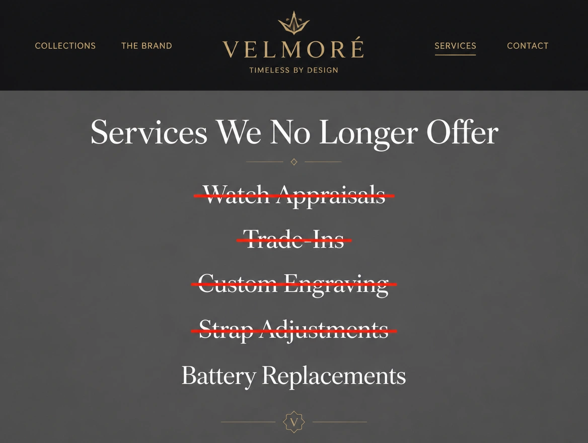 A luxury watch brand's website header with the services it no longer offers struck through in red