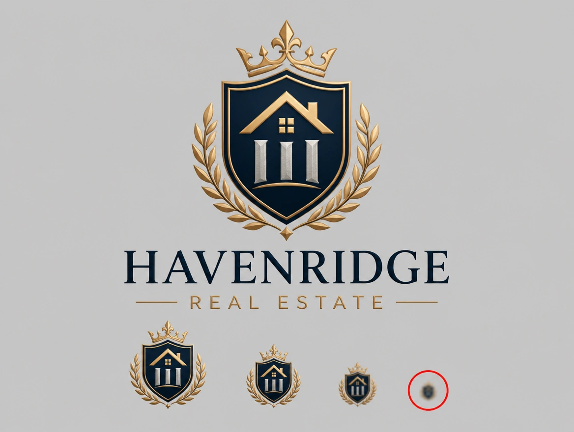 An over detailed real estate agency crest shrinking to an unreadable blur, the smallest ringed in red