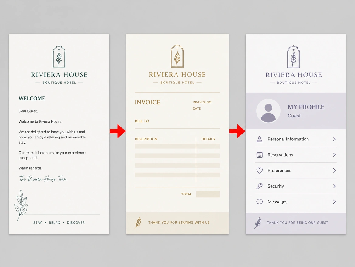 One boutique hotel logo printed in three different shades across a document, an invoice and a profile, arrowed in red