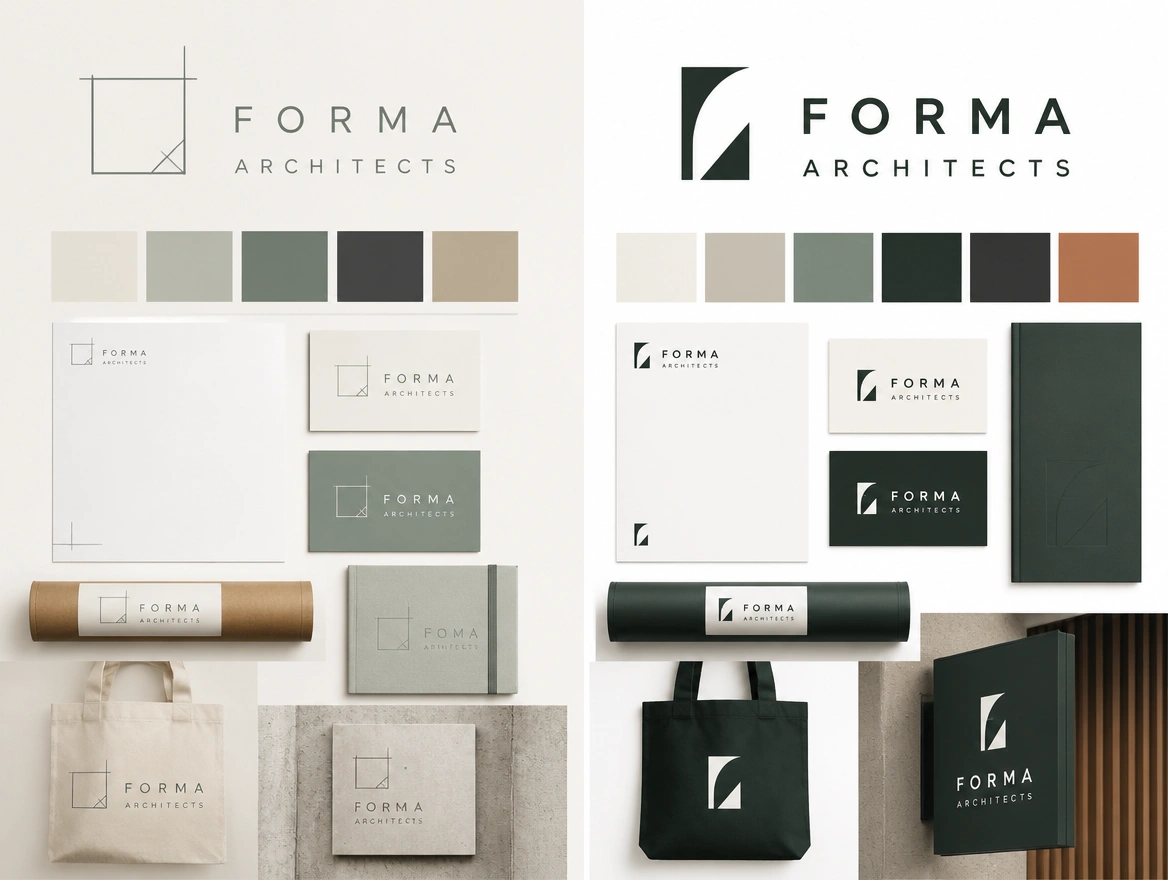 A before and after board pairing a architecture studio's first logo with its redrawn version and palette