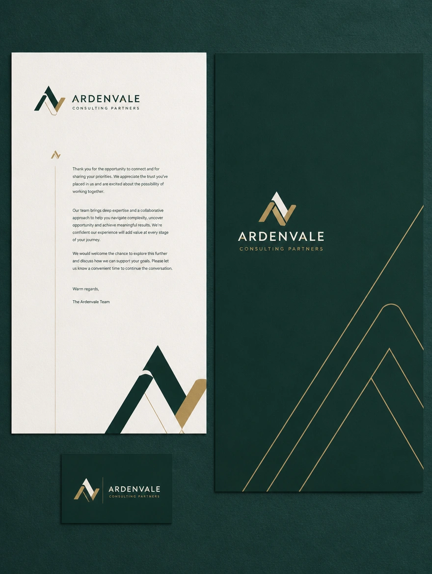 A tall stationery set for a merged consultancy, a letter, a folder and a name card all in the single new logo