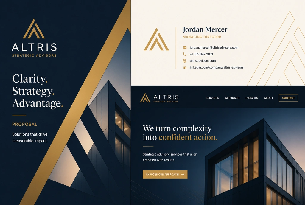 A matched set of a proposal cover, an email signature and a website header for one firm in one new logo