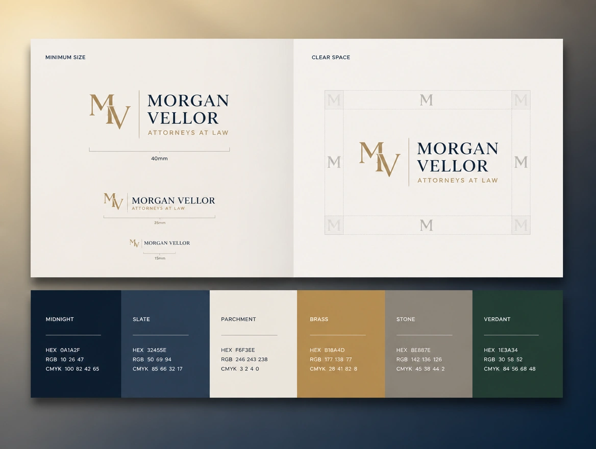 A brand guide spread showing clear space rules and colour values for one firm
