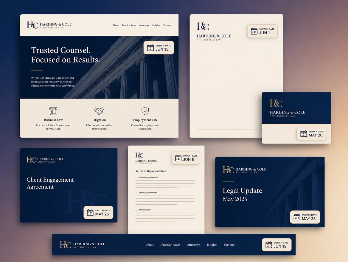 A dated plan pairing each document and page carrying the old logo with its switch date