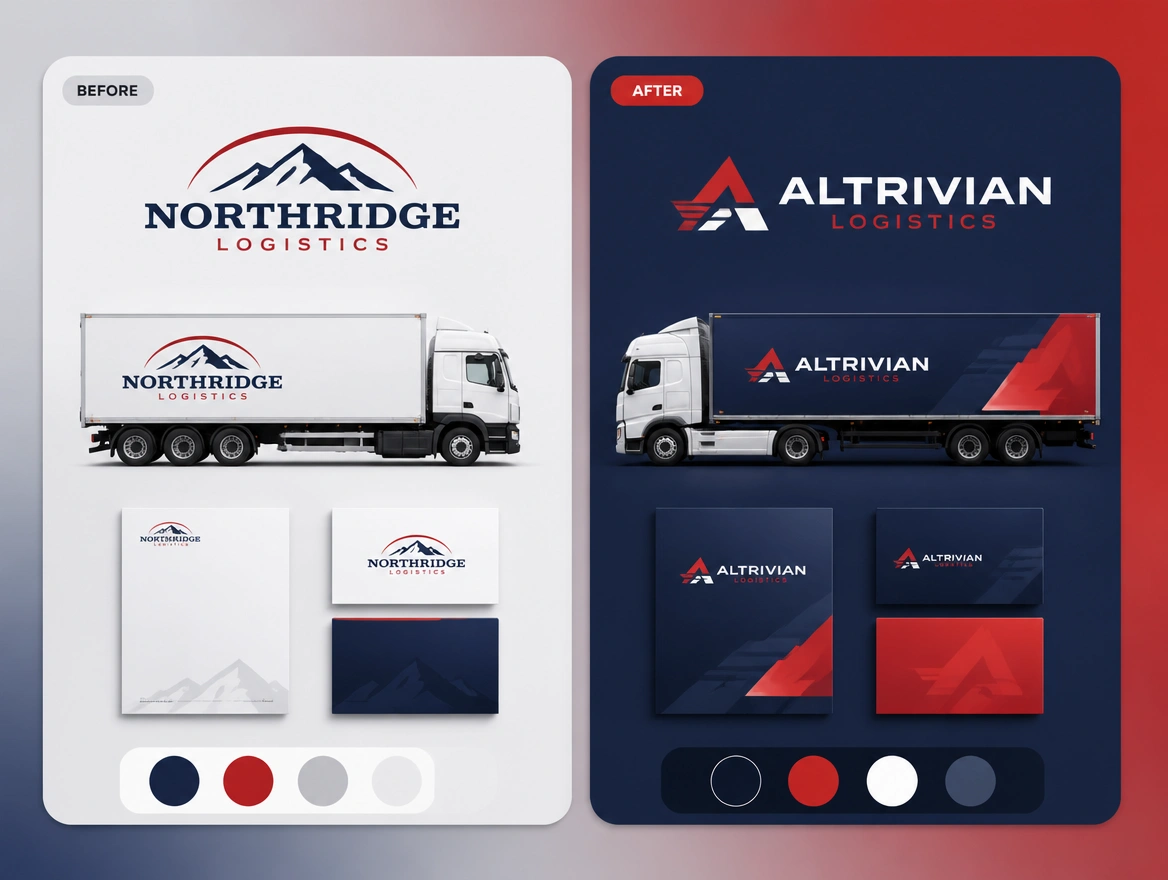 A before and after board pairing a dated firm logo with the redrawn one and its palette