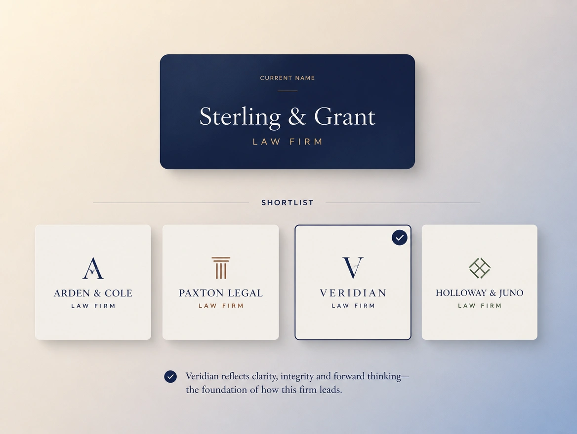 A naming sheet testing an existing firm name against a shortlist with a line beneath