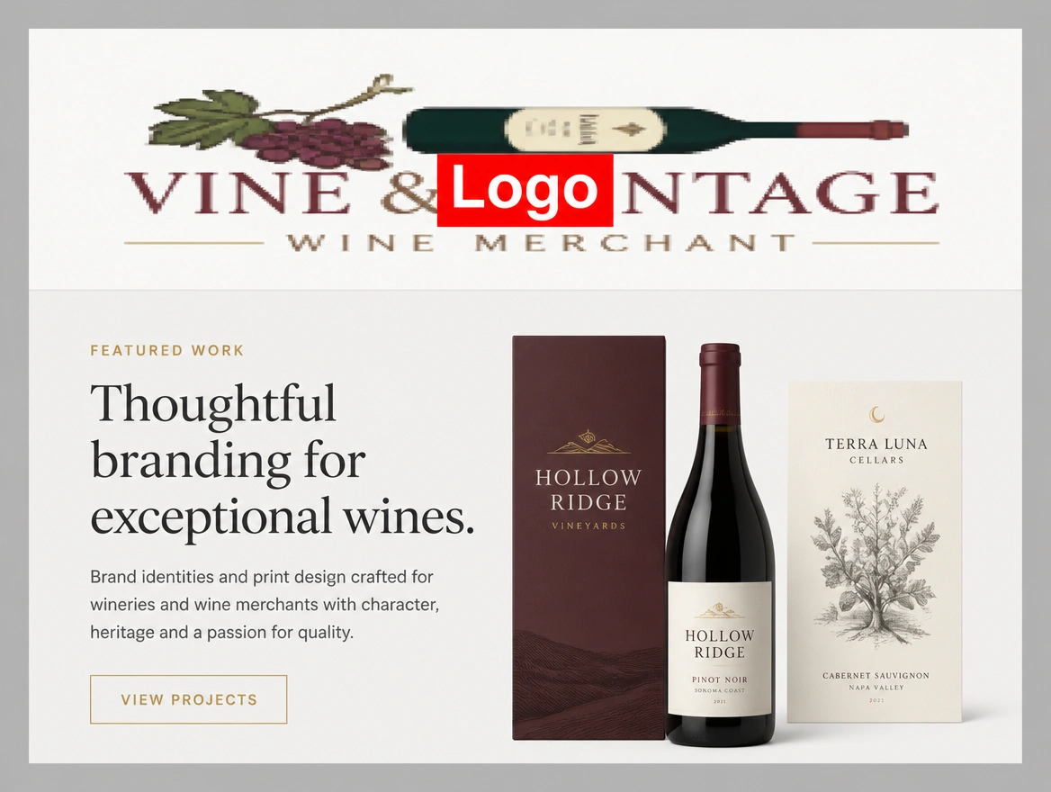 A wine merchant's page of careful work topped by a crude stretched clipart logo, labelled in red