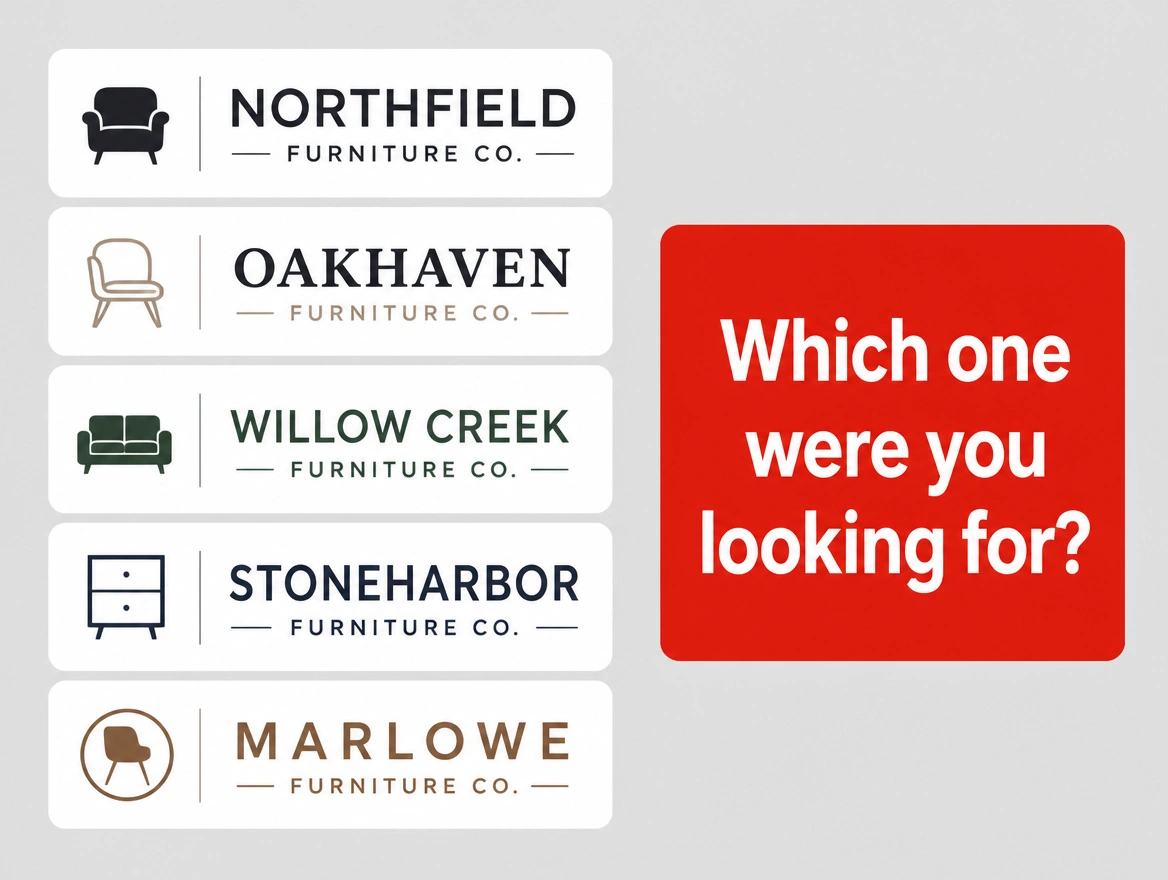 Five near identical furniture maker logos listed together under a red label asking which one you wanted