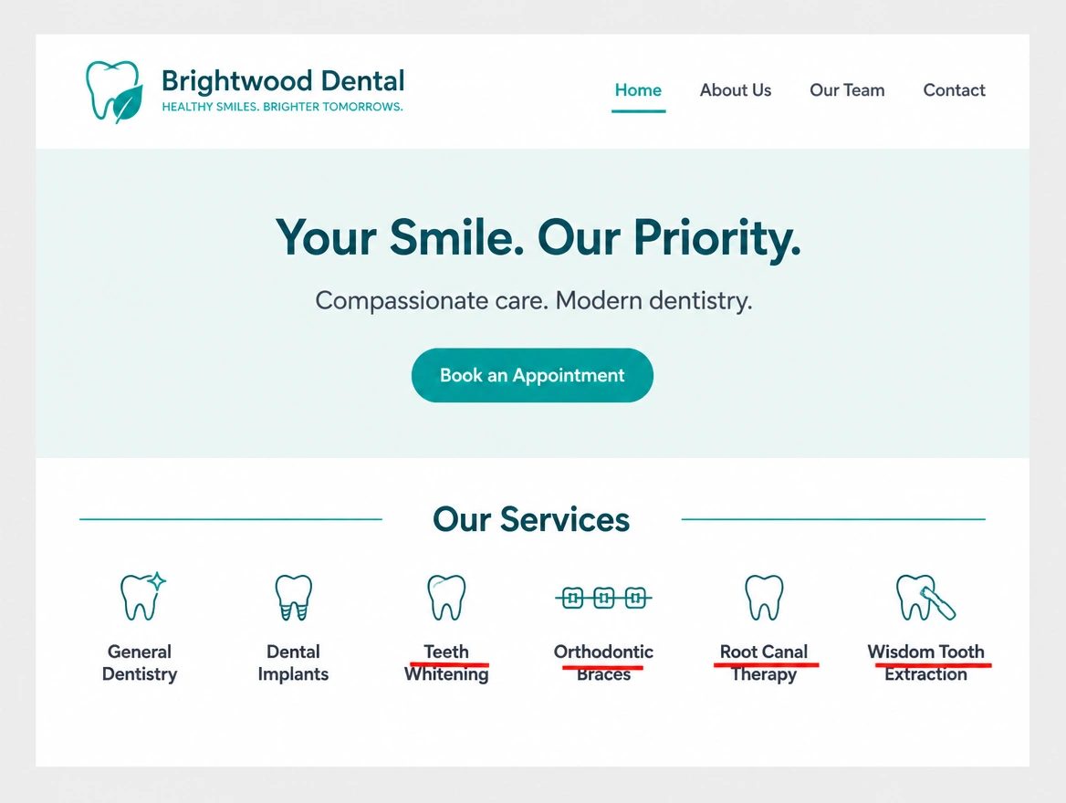 A dental clinic's website header with the services it no longer offers struck through in red