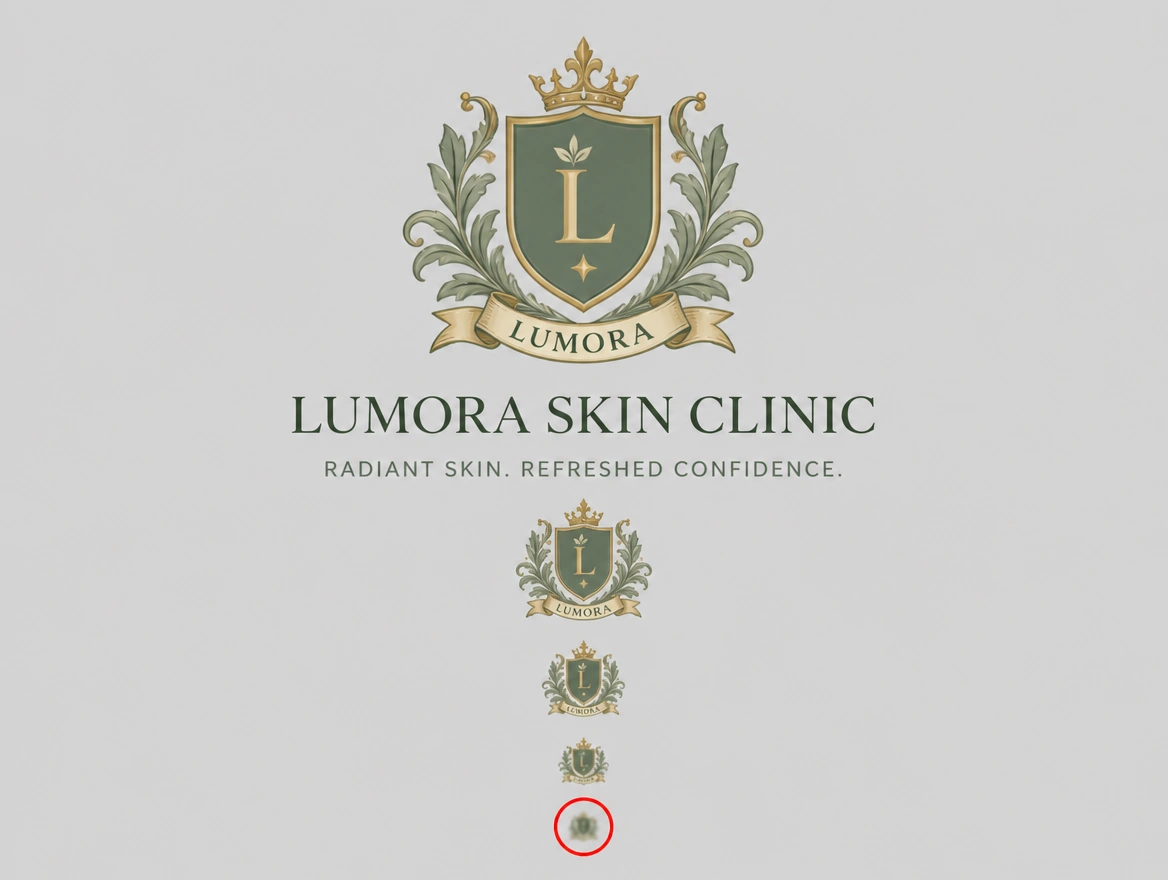An over detailed skincare clinic crest shrinking to an unreadable blur, the smallest ringed in red