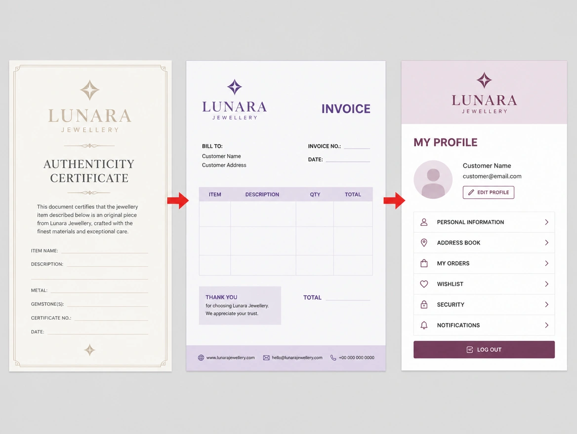 One jewellery brand logo printed in three different shades across a document, an invoice and a profile, arrowed in red