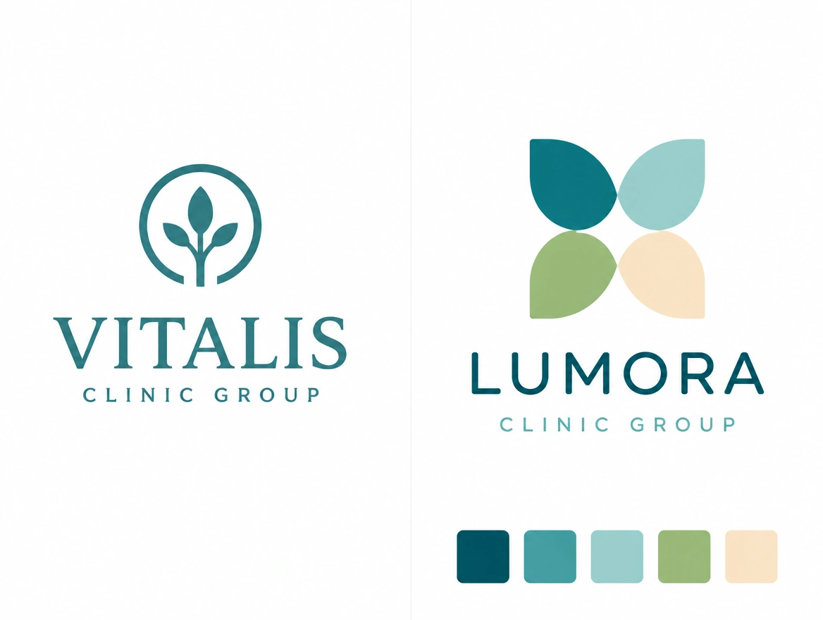 A before and after board pairing a clinic group's first logo with its redrawn version and palette