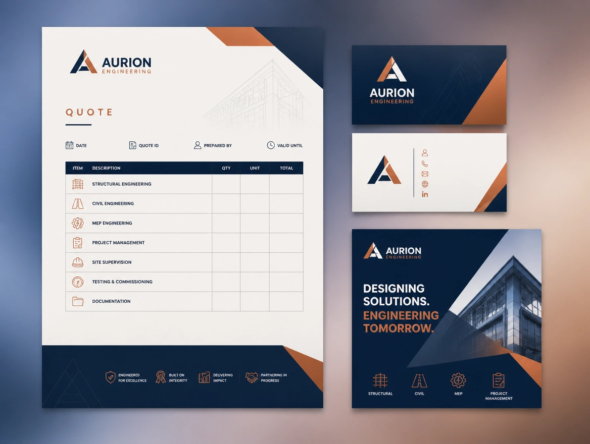 A quote document, a name card and a social template rebuilt in one new logo and palette