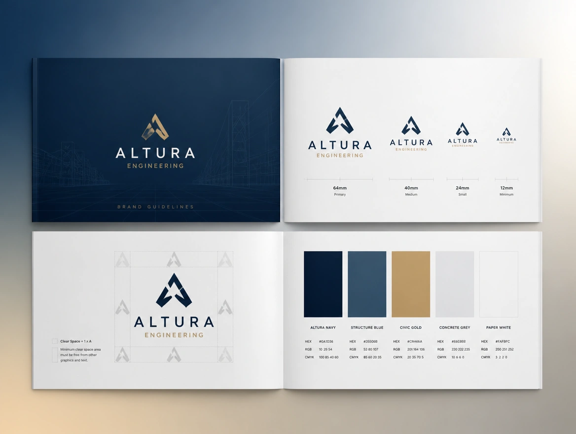 A brand guide spread showing logo sizes, clear space and the colour values written beneath