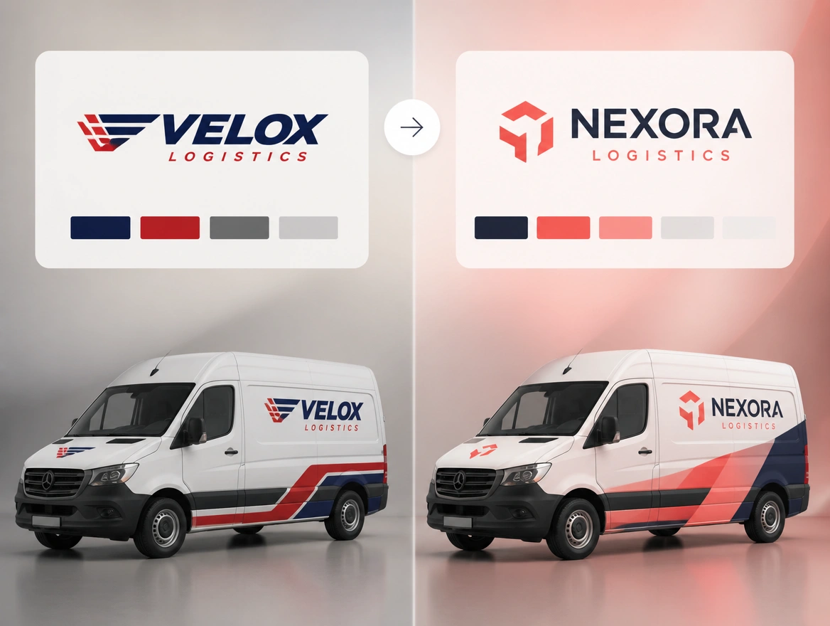 A before and after board pairing an outdated logo with the redrawn one and its new palette
