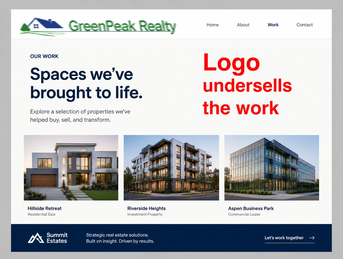 A real estate agency's page of careful work topped by a crude stretched clipart logo, labelled in red