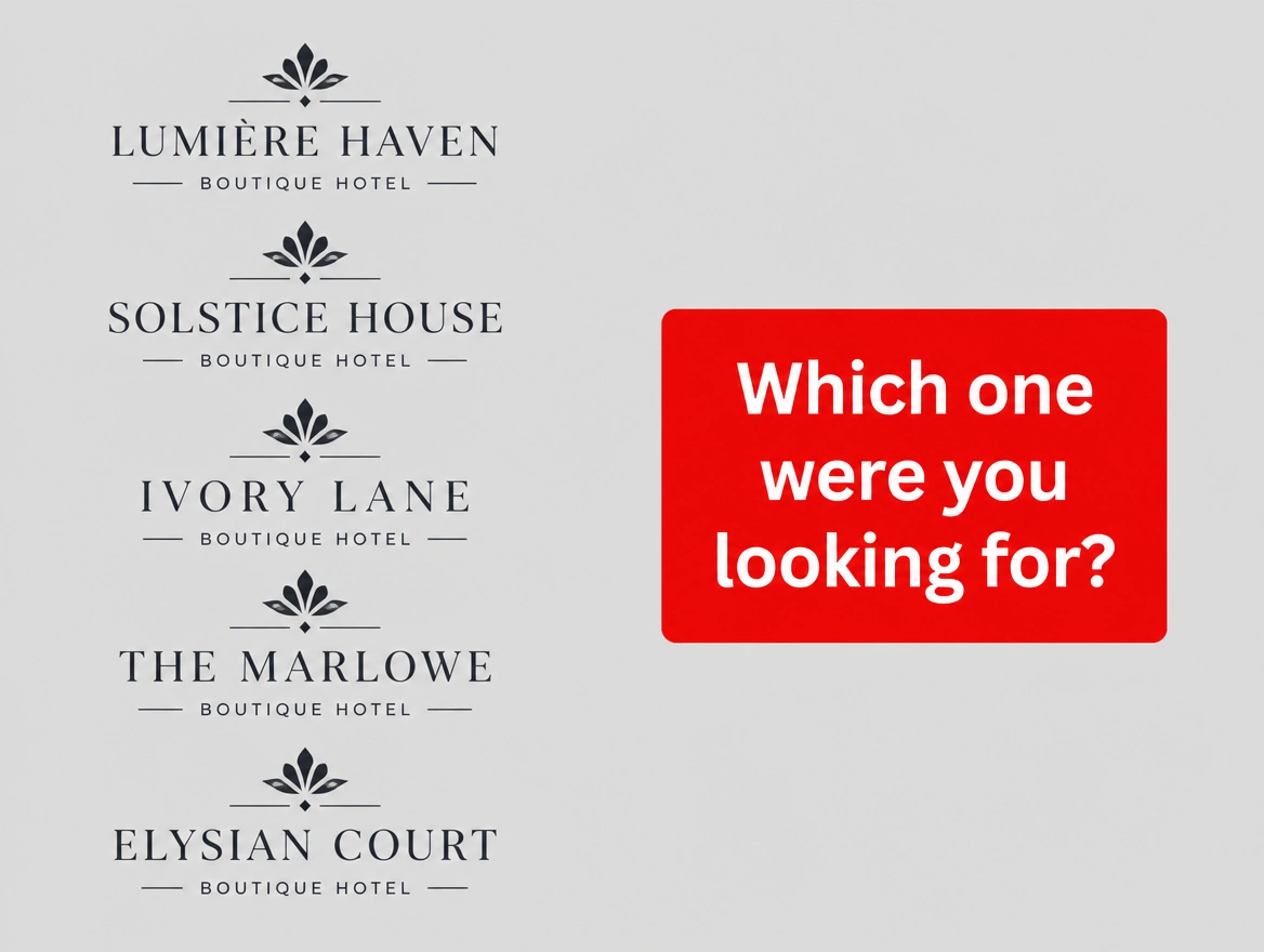 Five near identical boutique hotel logos listed together under a red label asking which one you wanted
