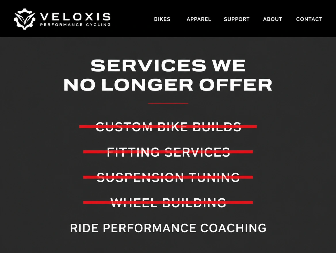 A performance cycling brand's website header with the services it no longer offers struck through in red