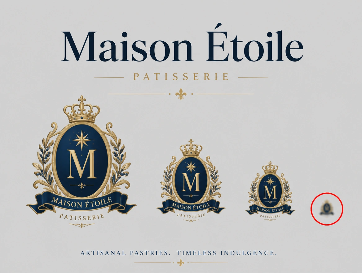 An over detailed patisserie crest shrinking to an unreadable blur, the smallest ringed in red