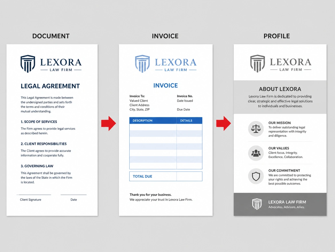 One law firm logo printed in three different shades across a document, an invoice and a profile, arrowed in red