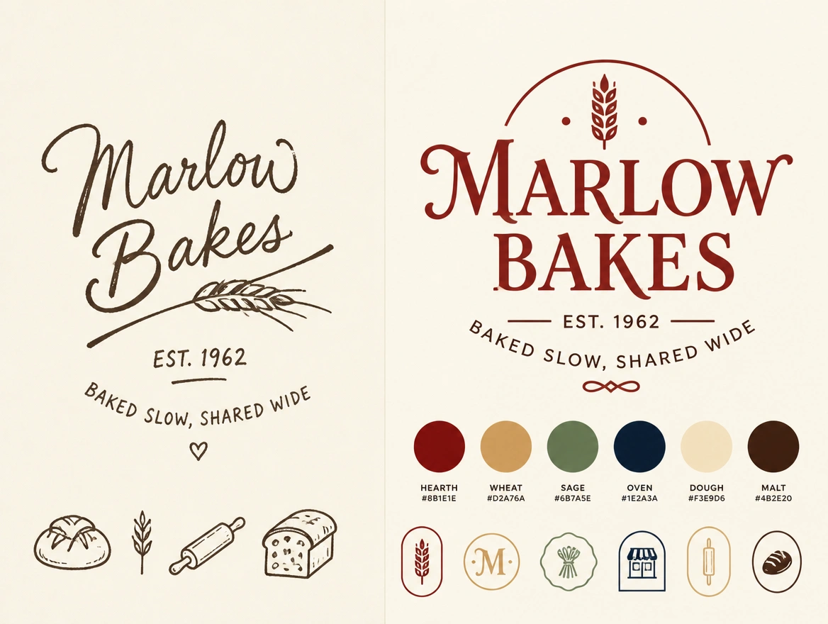 A before and after board pairing a heritage bakery's hand-lettered logo with its redrawn version and palette