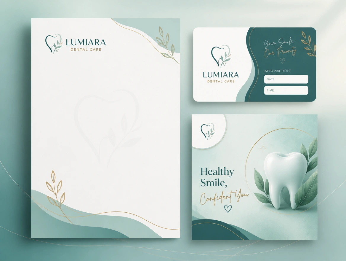 A letterhead, a name card and a profile page rebuilt in a single new identity