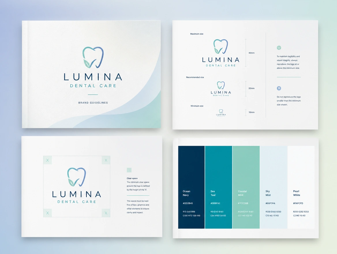 A guidelines spread setting out logo sizes, clear space and colour codes for one business