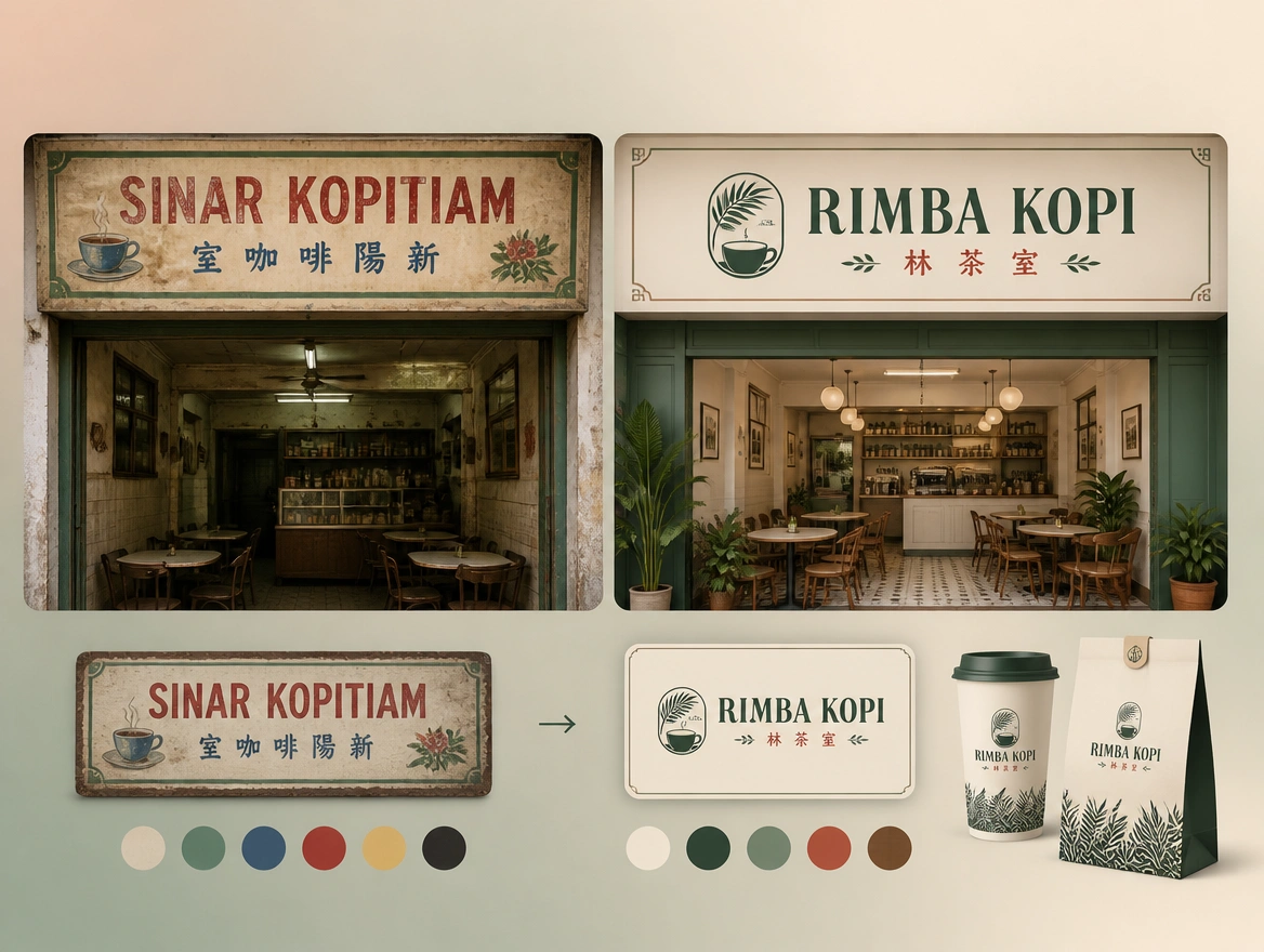 A before and after board showing hand-drawn lettering beside its redrawn version and palette
