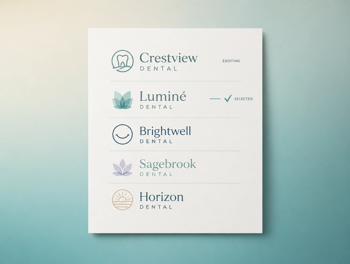 A naming sheet weighing the current business name against alternatives with one ticked