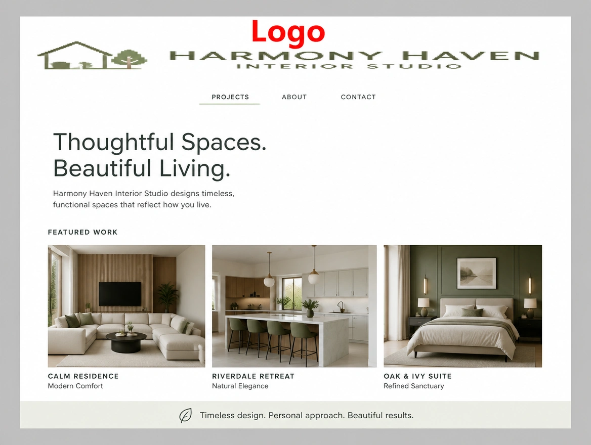 A interior design studio's page of careful work topped by a crude stretched clipart logo, labelled in red