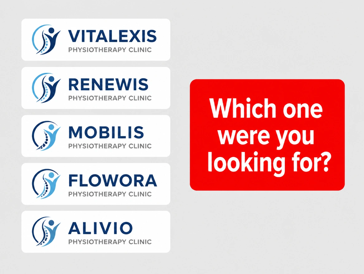Five near identical physiotherapy clinic logos listed together under a red label asking which one you wanted