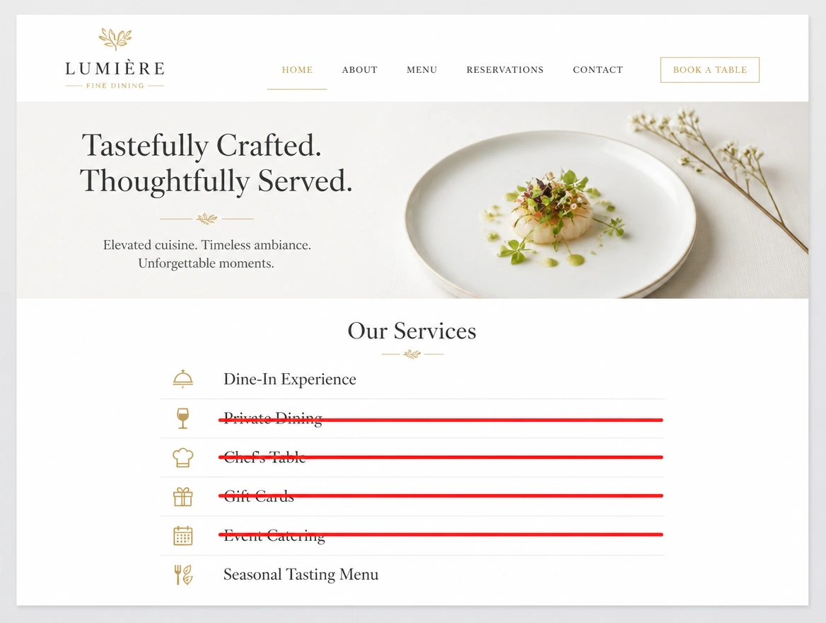 A fine dining restaurant's website header with the services it no longer offers struck through in red