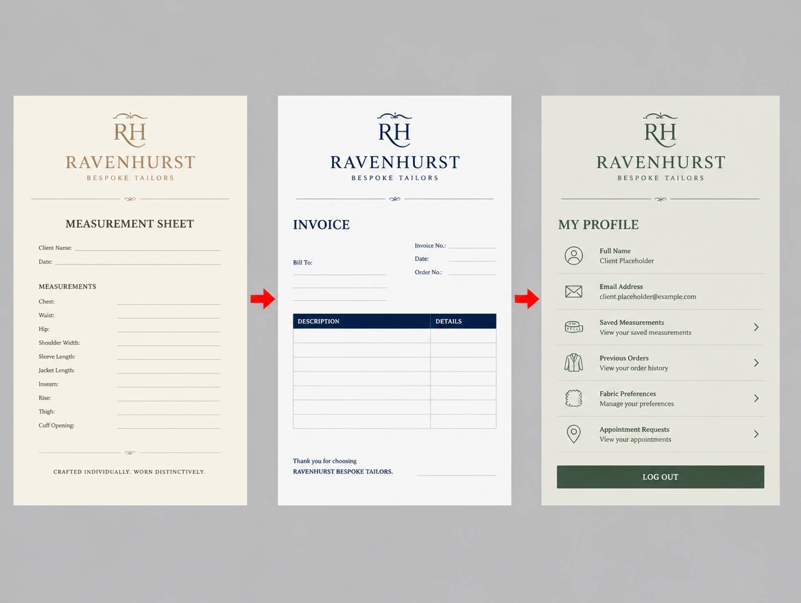 One bespoke tailor logo printed in three different shades across a document, an invoice and a profile, arrowed in red