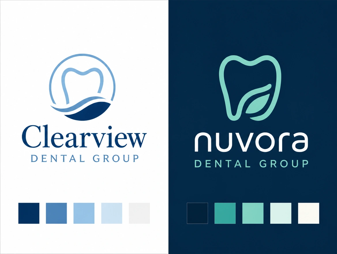 A before and after board pairing a dental group's first logo with its redrawn version and palette