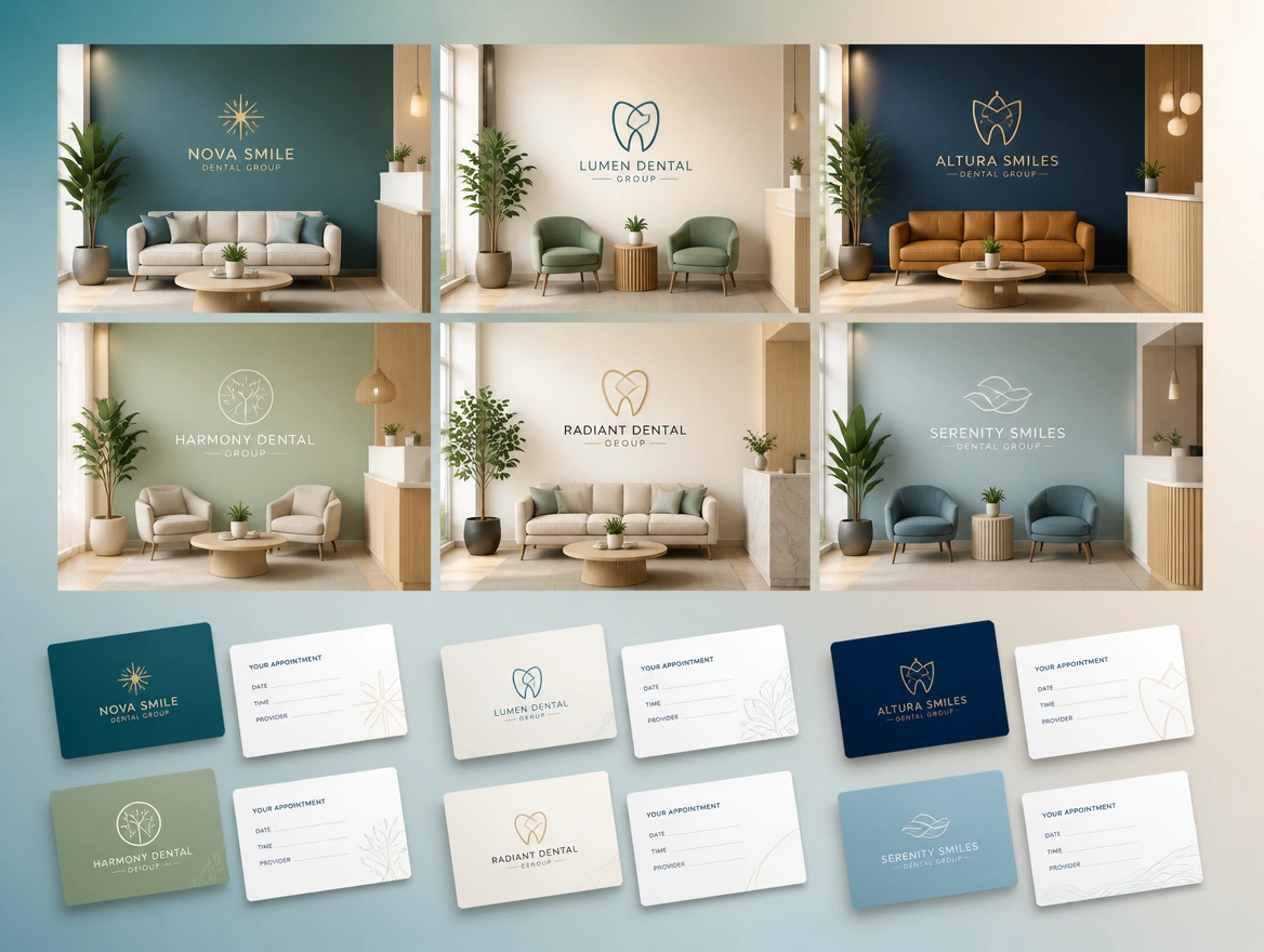 An audit board pairing a business's current logo with its website, documents and print