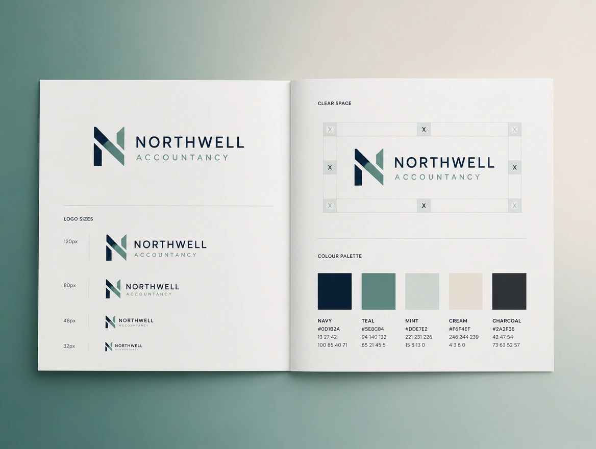 A brand guide spread with logo sizes, clear space and colour values set out plainly